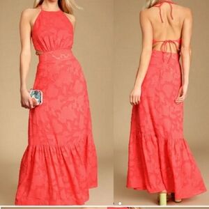 LULU'S touch of elegance floral burnout Maxi Dress coral
